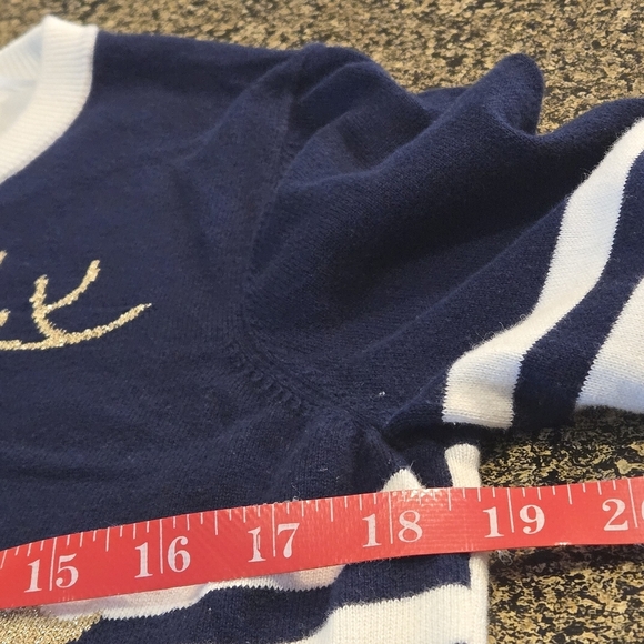 Crown & Ivy Sweater Midnight Blue Stripe Gold Reindeer Women L Holiday Sweater - Picture 9 of 10